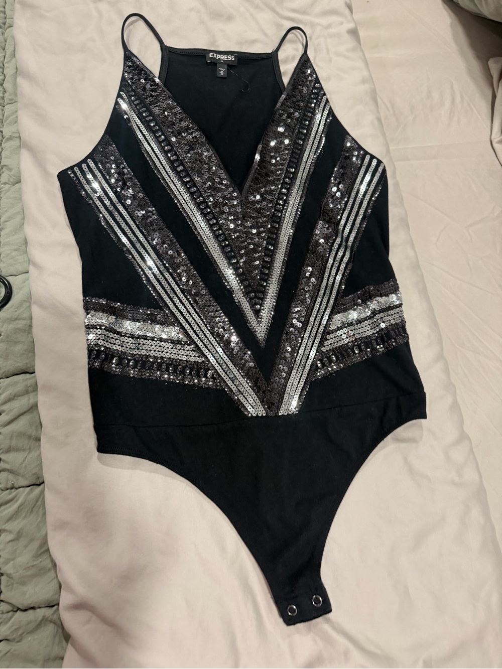 Express Black One-Piece Bodysuit with Silver Sequin Trim